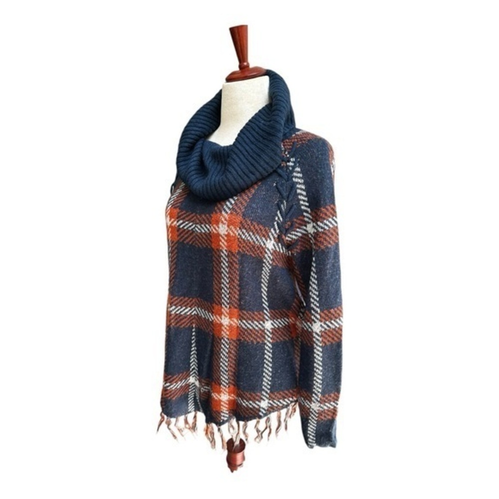 Absolutely Famous Cowl Neck Plaid Poncho Sweater Navy Blue Orange Fall Preppy